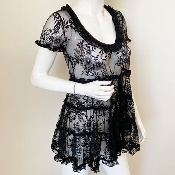 Dolls Kill Brand Widow Black Sheer Lace Short Sleeve Tiered Babydoll Mini Dress - Picture 7 of 7